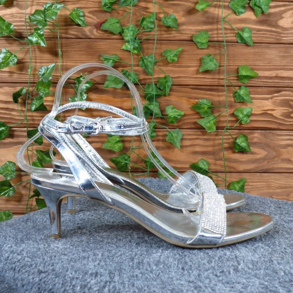 Fioni 176078 Women Strappy Sandal Sz9 Wide Formal Evening Silver Rhinestone Heel